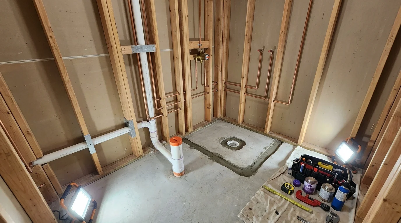 Bathroom rough-in plumbing during remodel by Johns Plumbing LLC in Uxbridge