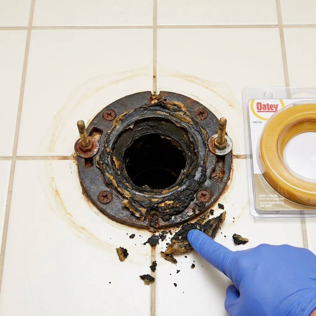 Failed wax ring showing water seepage at the base of a toilet in a Uxbridge, MA home