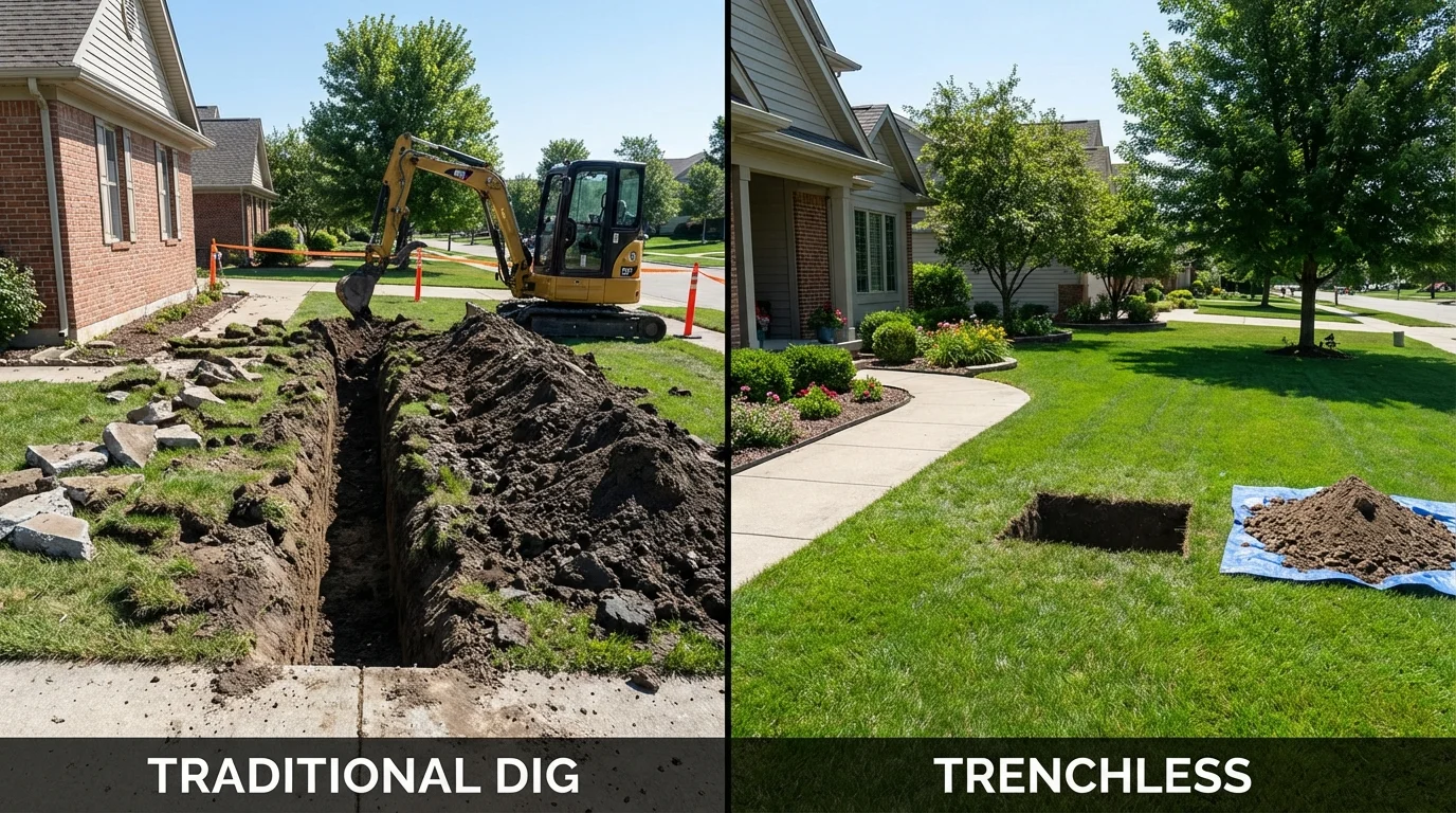 Trenchless sewer repair with minimal yard damage versus traditional excavation in Uxbridge, MA